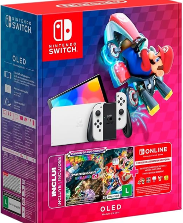 Nintendo, Console + Jogo, Switch OLED Branco, Jogo Digital Mario Kart 8 Deluxe, 3 Meses de Assinatura Nintendo Switch Online